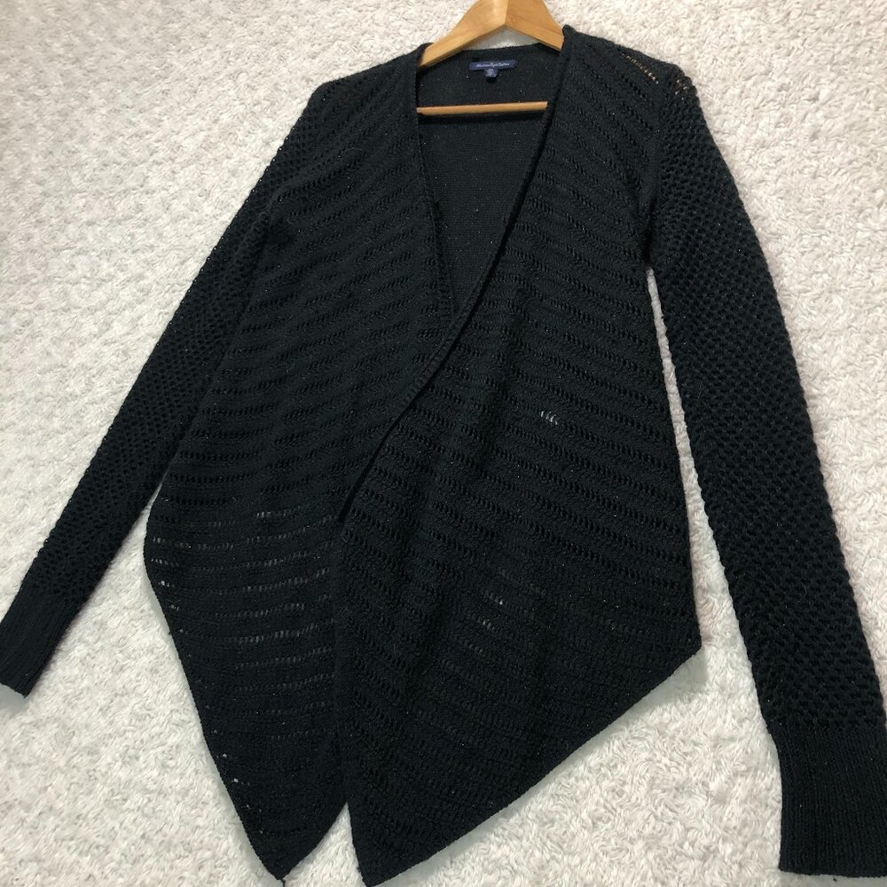 American Eagle Sweater Size SP Black shimmer Long cascading open front Cardigan